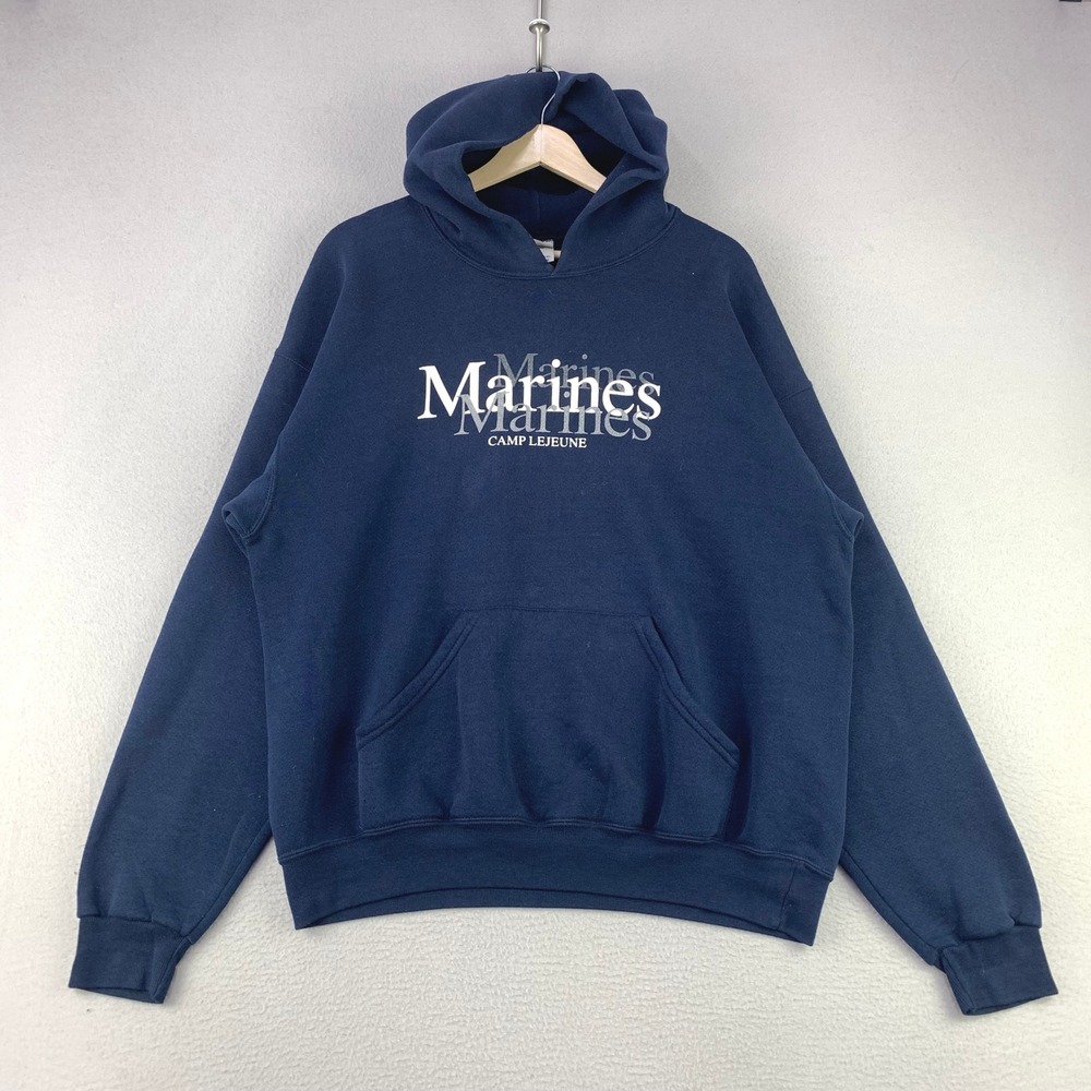 US‎ Marine Corps Camp Lejeune Hoodie Mens Large Blue Graphic Terry Pullover